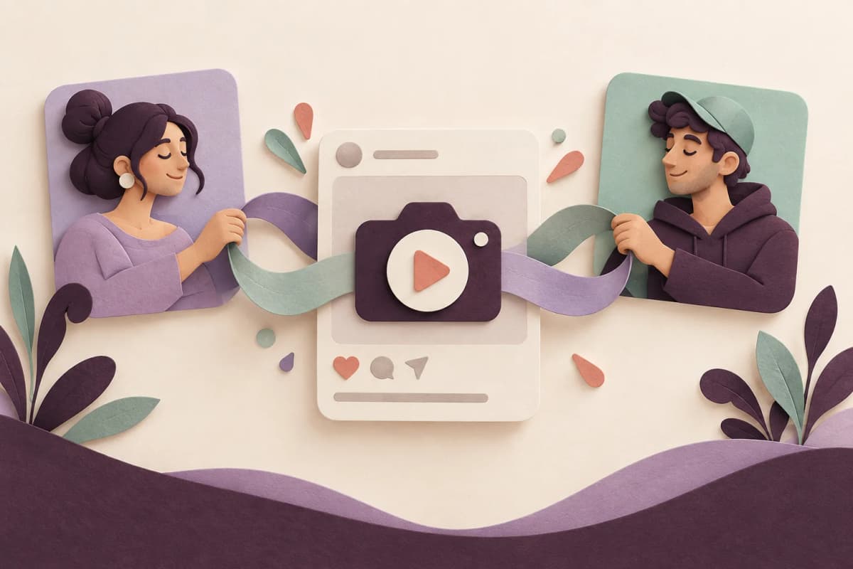 Ilustración conceptual de dos creadores conectados con una única publicación de papel.