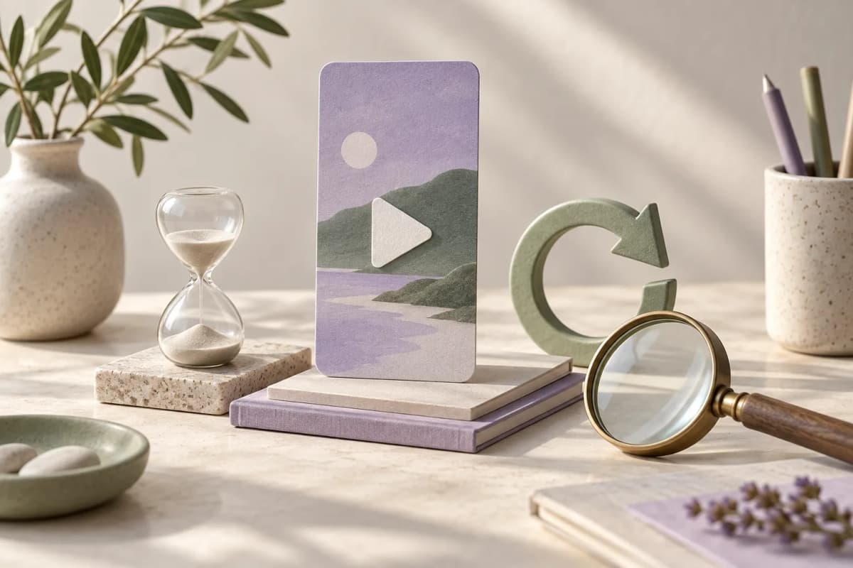 Ilustración conceptual de una tarjeta de vídeo, un reloj de arena, una flecha circular y una lupa.