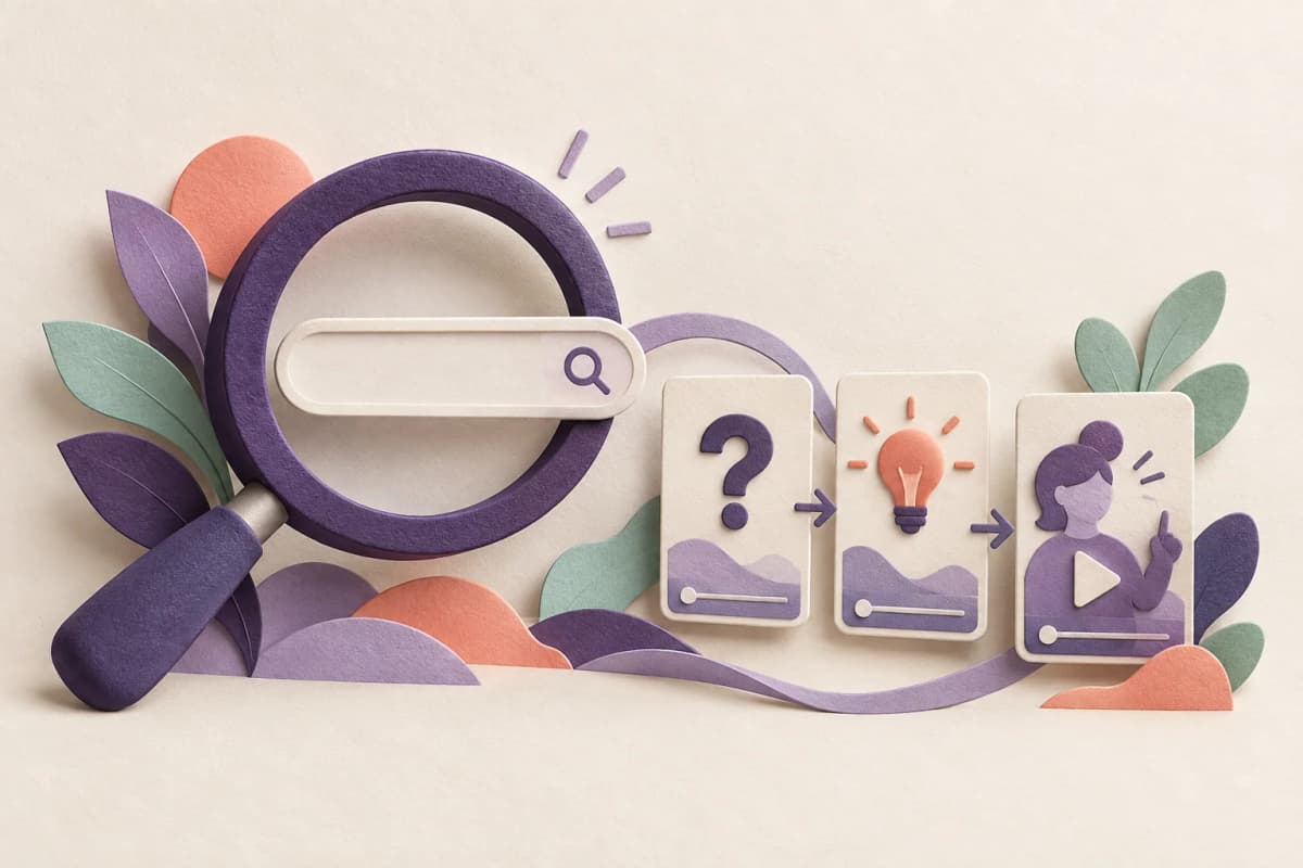 Ilustración conceptual de papel con una lupa, una pregunta y un esquema de vídeo.
