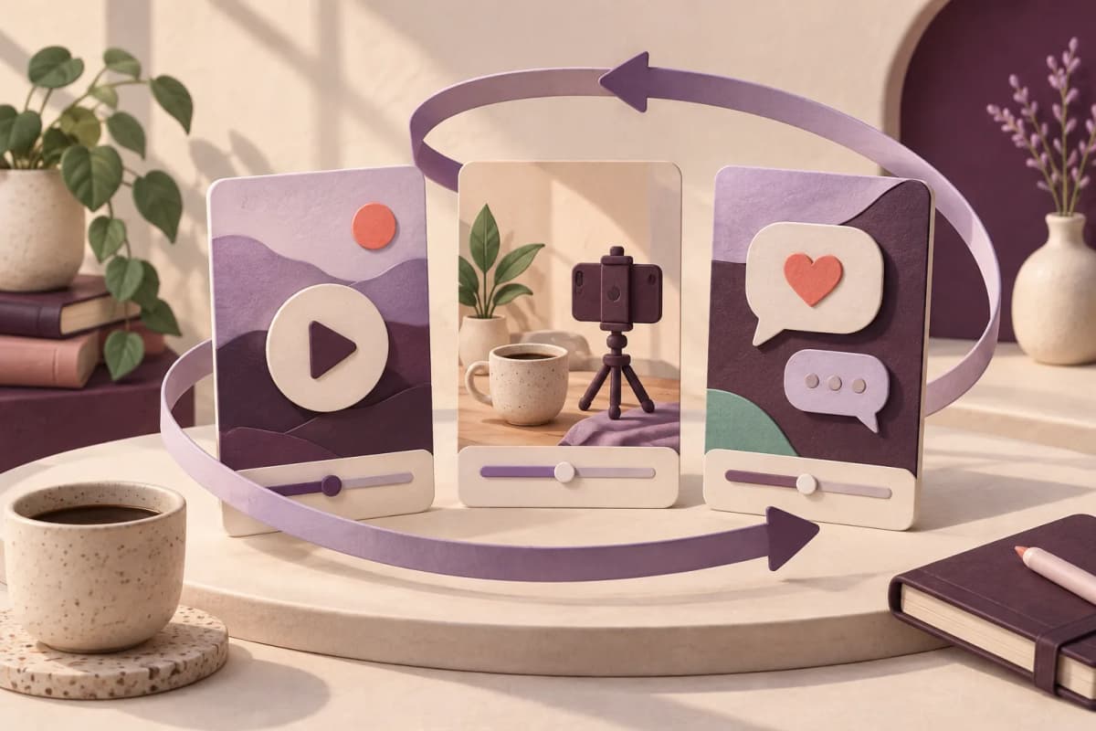 Ilustración conceptual de planificación de vídeo, demostración y comentarios del público.